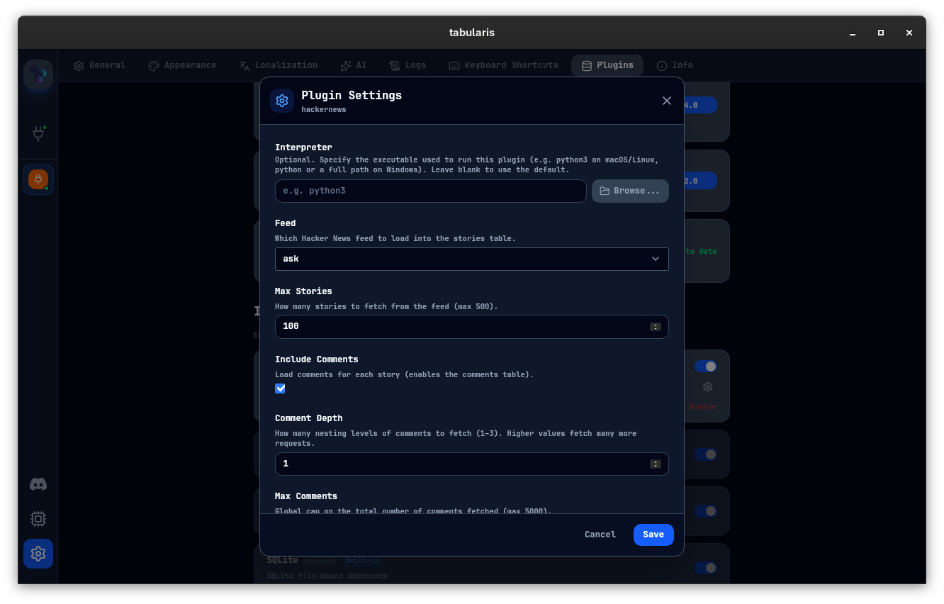 Plugin settings modal with configurable fields