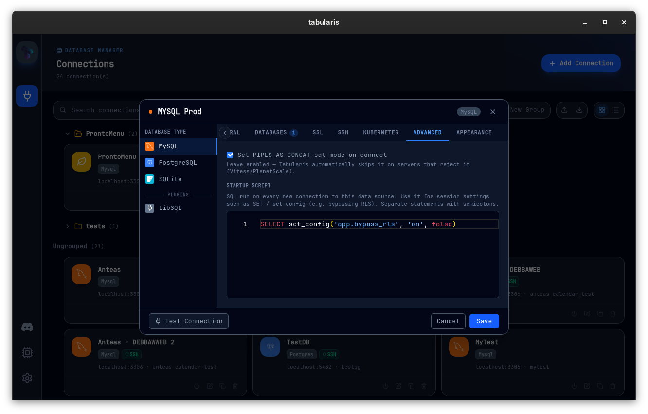 Startup script field in the Advanced tab of the connection modal
