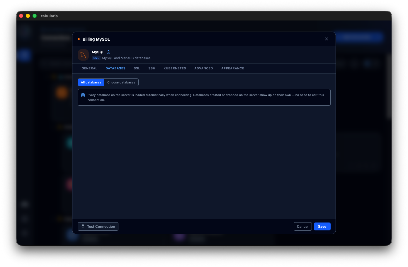 The Databases tab of the connection modal with the All databases / Choose databases mode switch, All databases selected, and the hint explaining that the server list is resolved at connect time