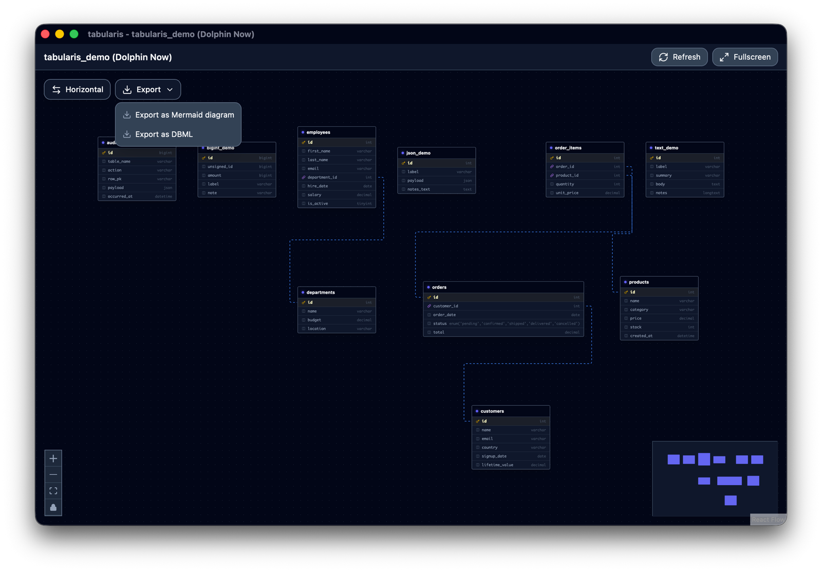 The ER diagram toolbar with the Export menu open on Export as Mermaid diagram and Export as DBML