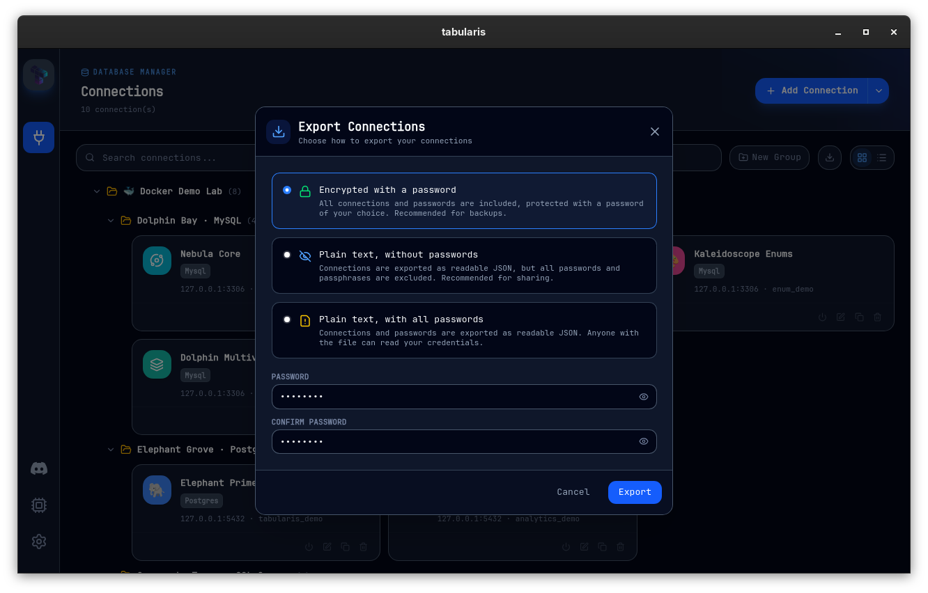 Export Connections modal with the three export modes, the encrypted option selected and password fields below