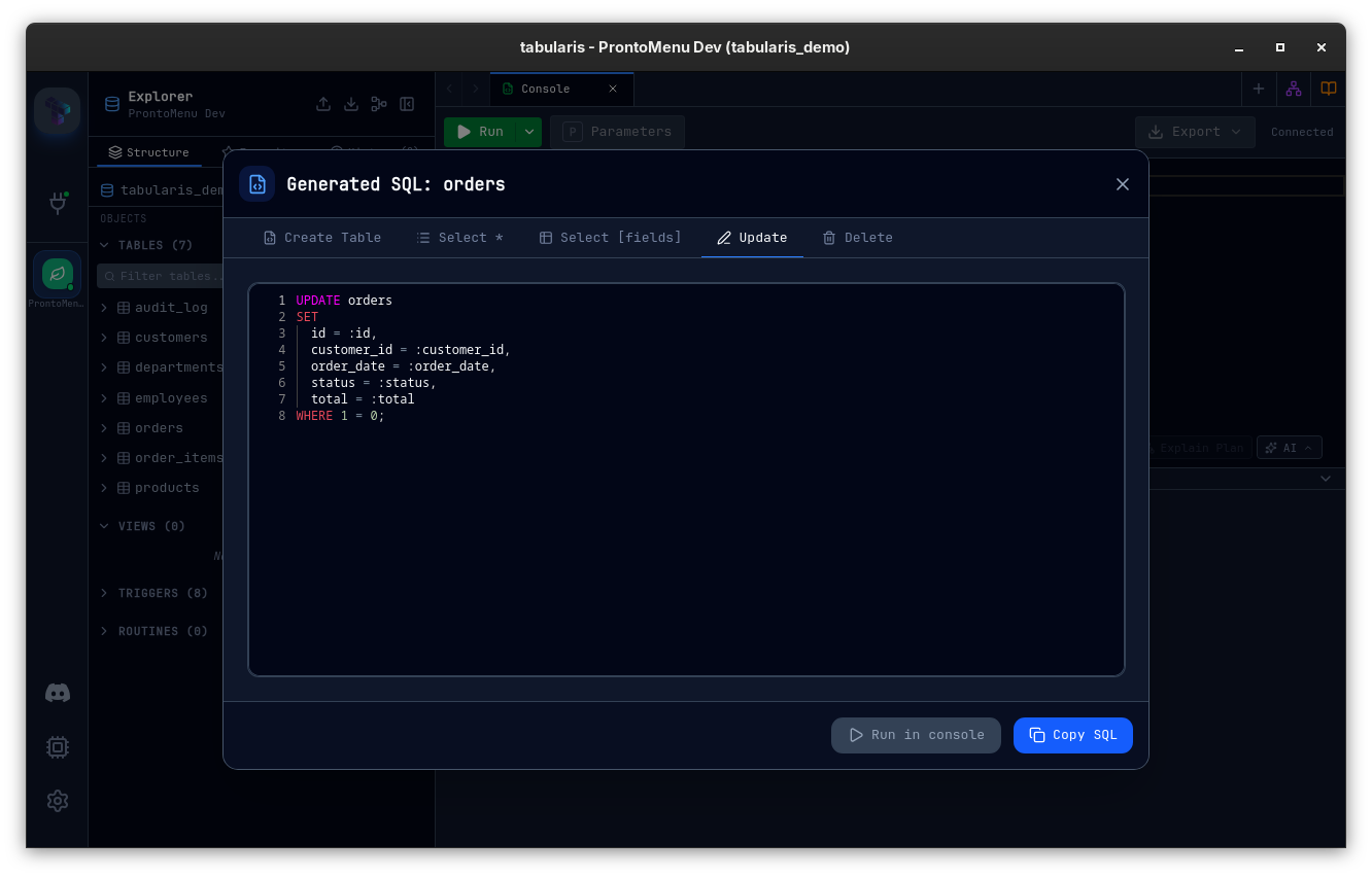 The Generate SQL modal with tabs for CREATE TABLE, SELECT *, SELECT fields, UPDATE, and DELETE
