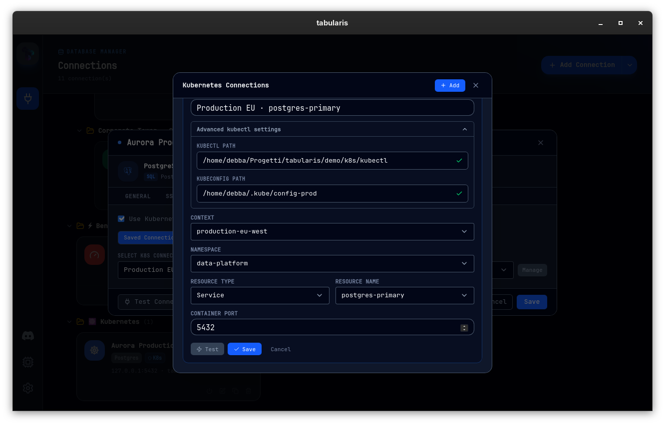 The Advanced kubectl settings section of a saved Kubernetes tunnel, with kubectl and kubeconfig path overrides validated inline