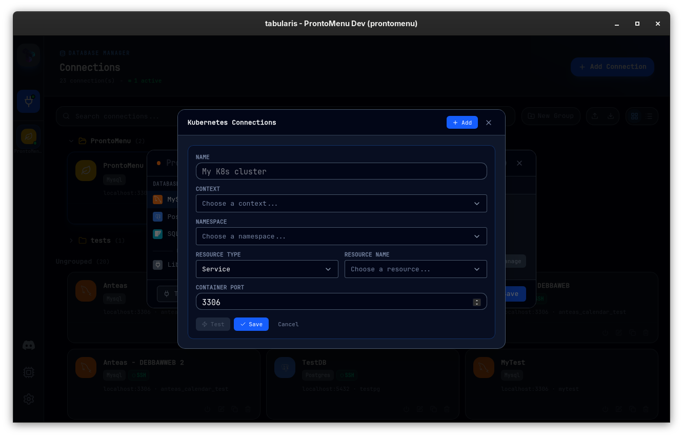 The Kubernetes tab in the connection modal with cascading dropdowns for context, namespace, resource, and port