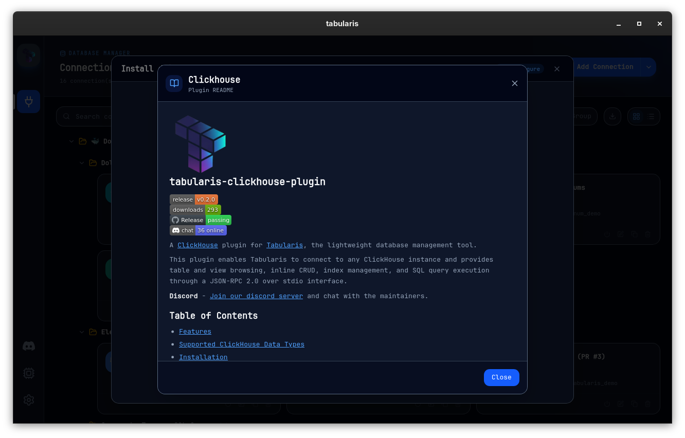 The plugin README modal open over the install gate, showing the ClickHouse plugin's README with badges, description and table of contents