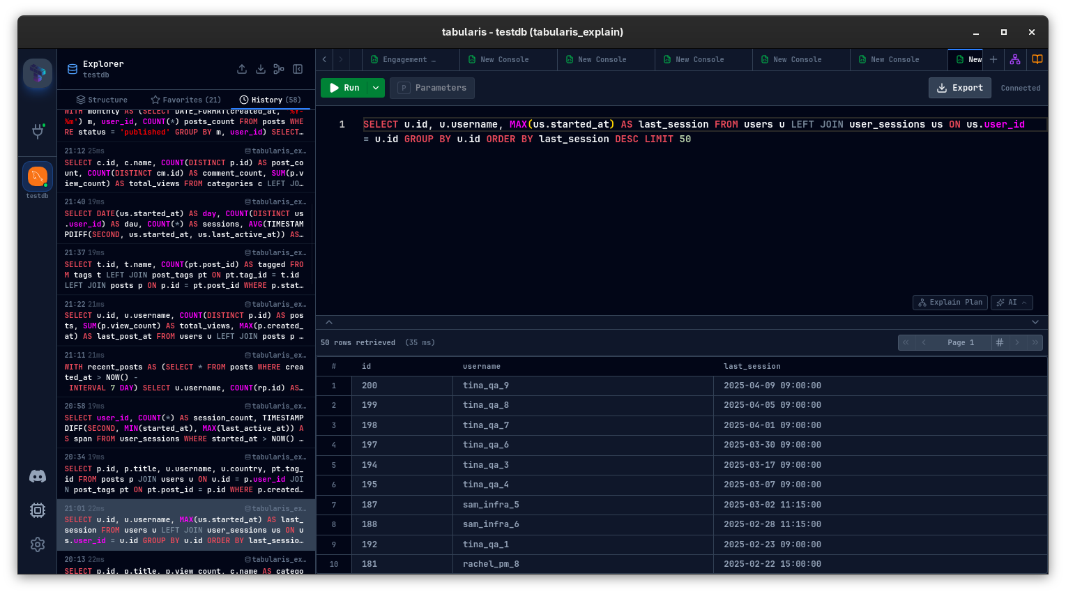 Query History tab in the Explorer sidebar