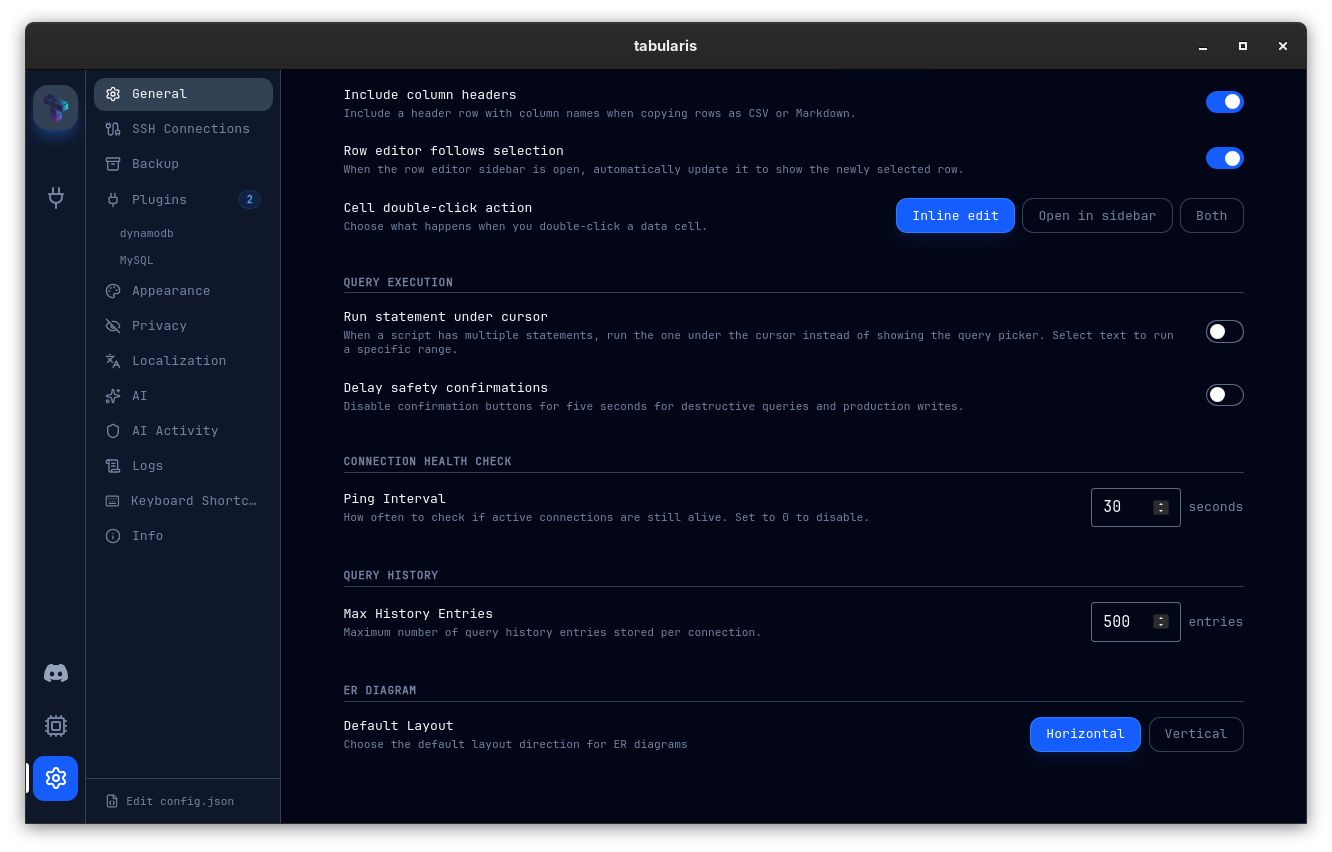 General settings panel with startup, data editor, query execution, and connection health check options