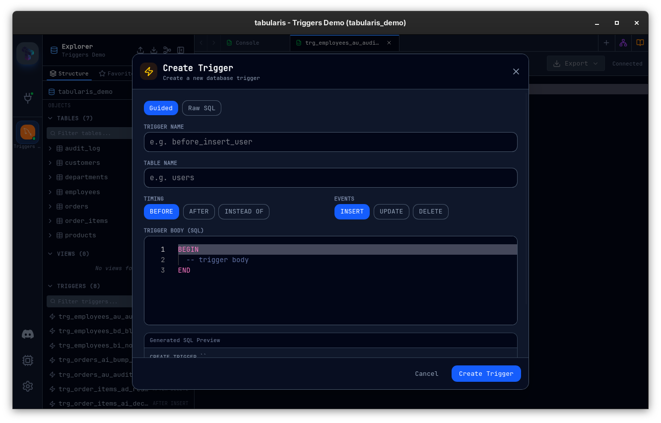 Create Trigger modal in Guided mode with name and table fields, BEFORE / AFTER / INSTEAD OF timing pills, INSERT / UPDATE / DELETE event buttons, a Monaco body editor, and a generated SQL preview