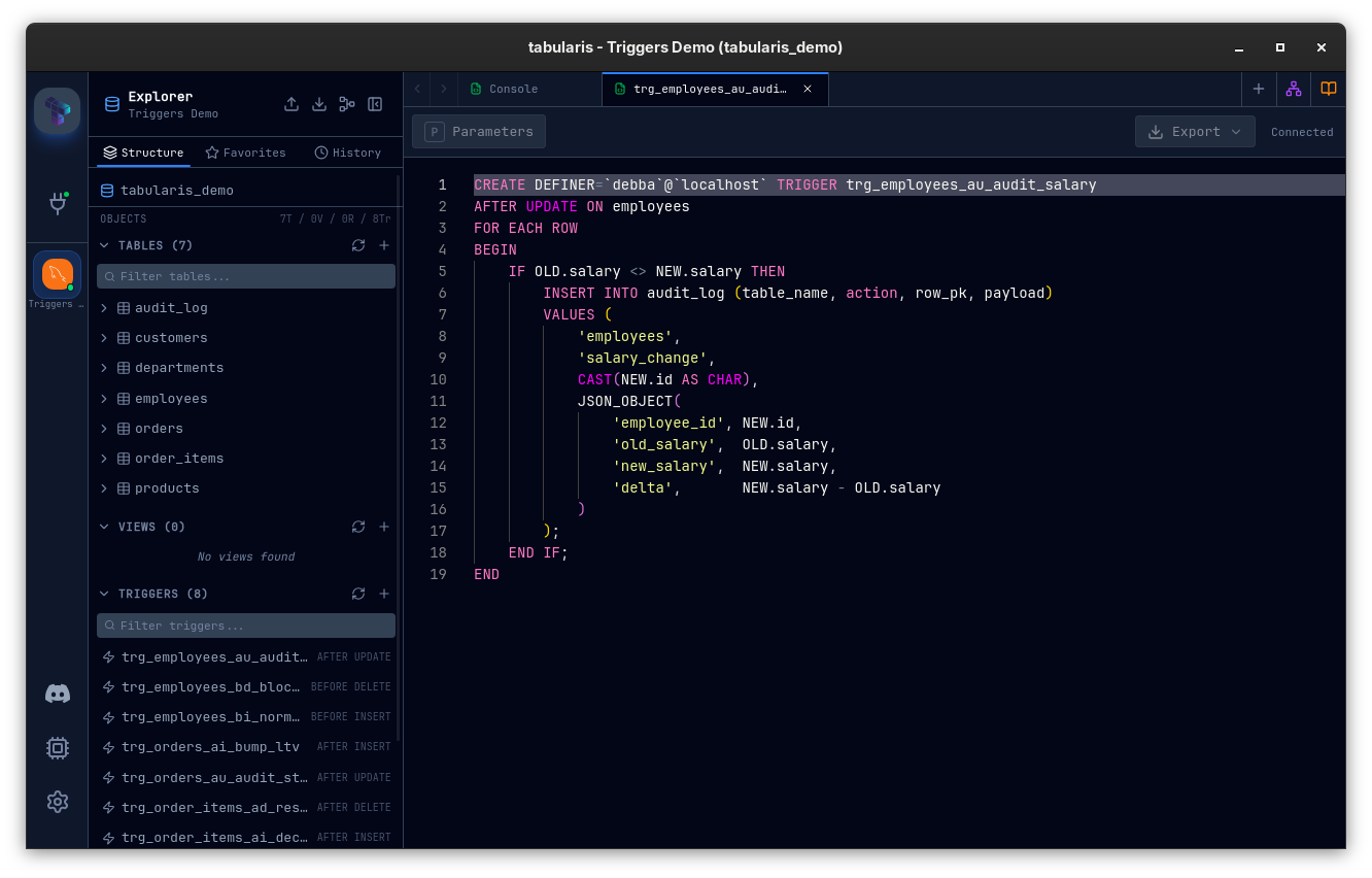 Triggers accordion in the Tabularis Explorer sidebar with timing and event badges next to a read-only View Definition tab